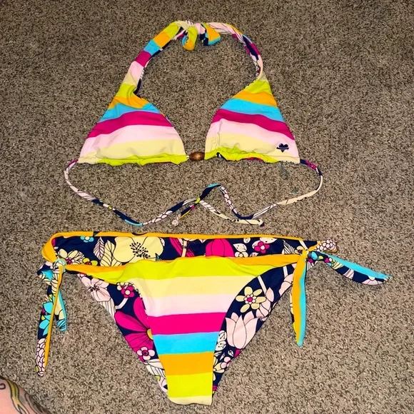 Lost reversible multicolored bikini halter triangle & tie bottoms - Picture 1 of 11